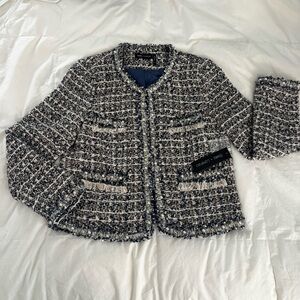 Stella + Lorenzo Navy and White Embellished Tweed Blazer
